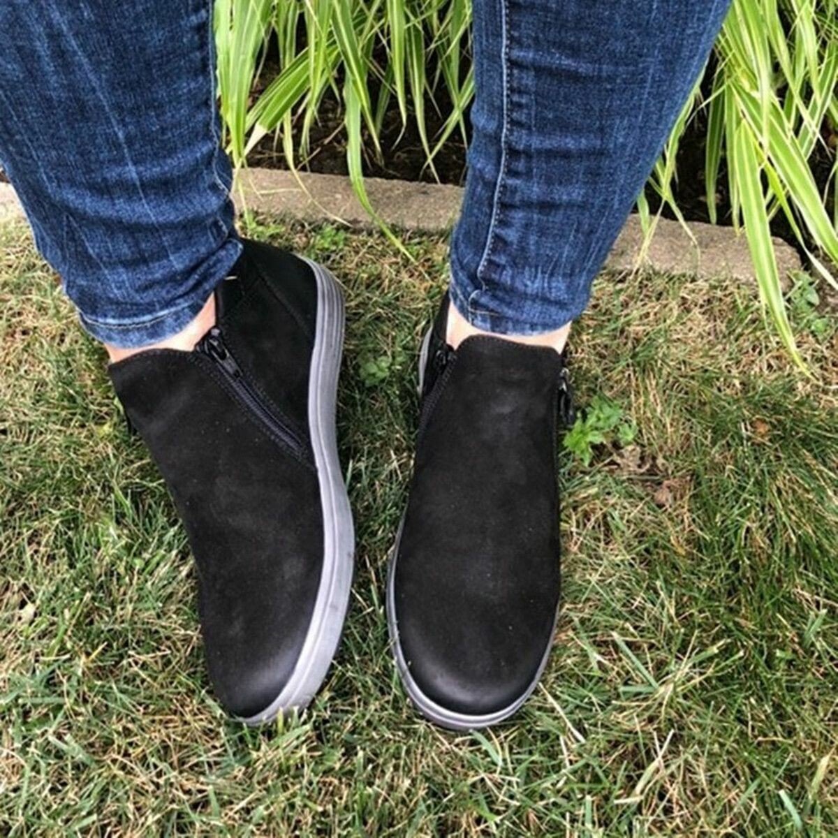 Zapatos De Mujer Retro De Cabeza Redonda Con Fondo Plano Y Doble Cremallera