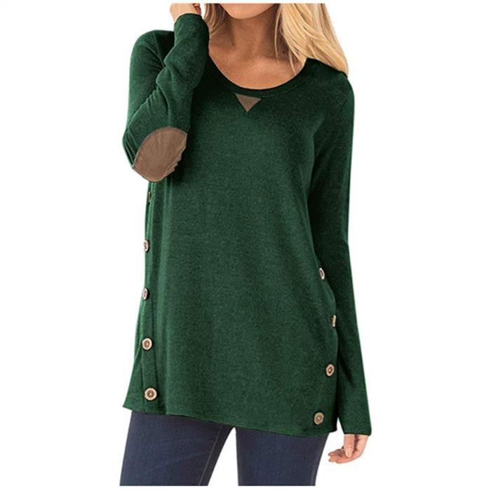 Cuello redondo de manga larga parche de botón decorado camiseta chica - MXbueno