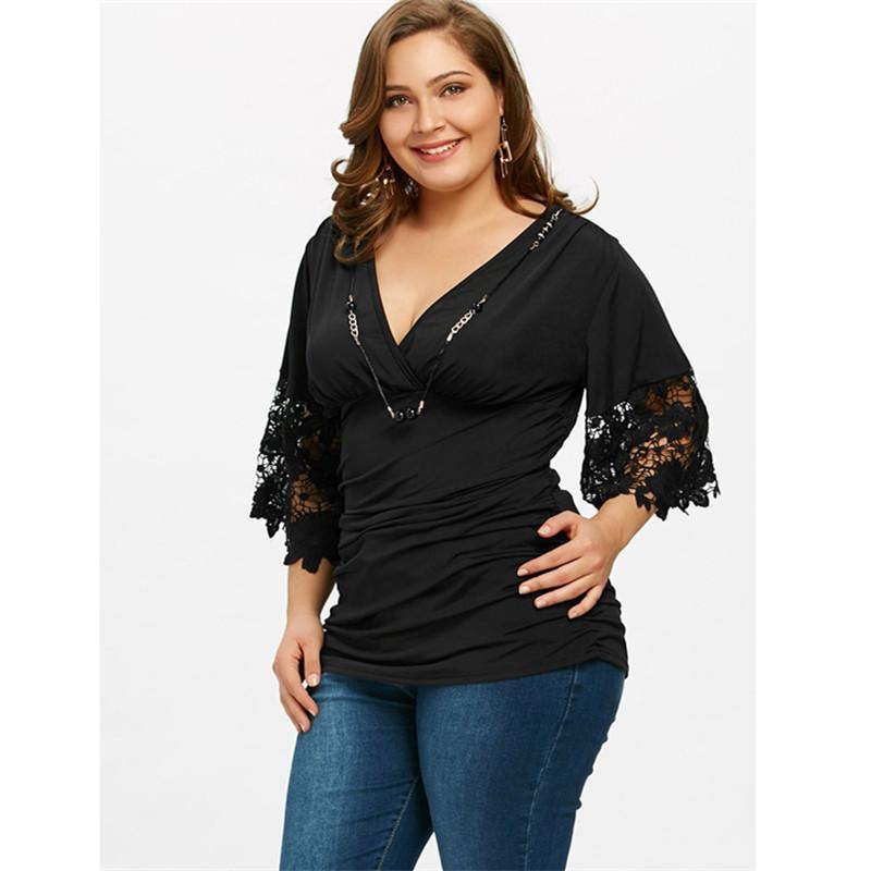 La camiseta para mujeres  V cuello de cintura alta plisado costuras de media manga - MXbueno