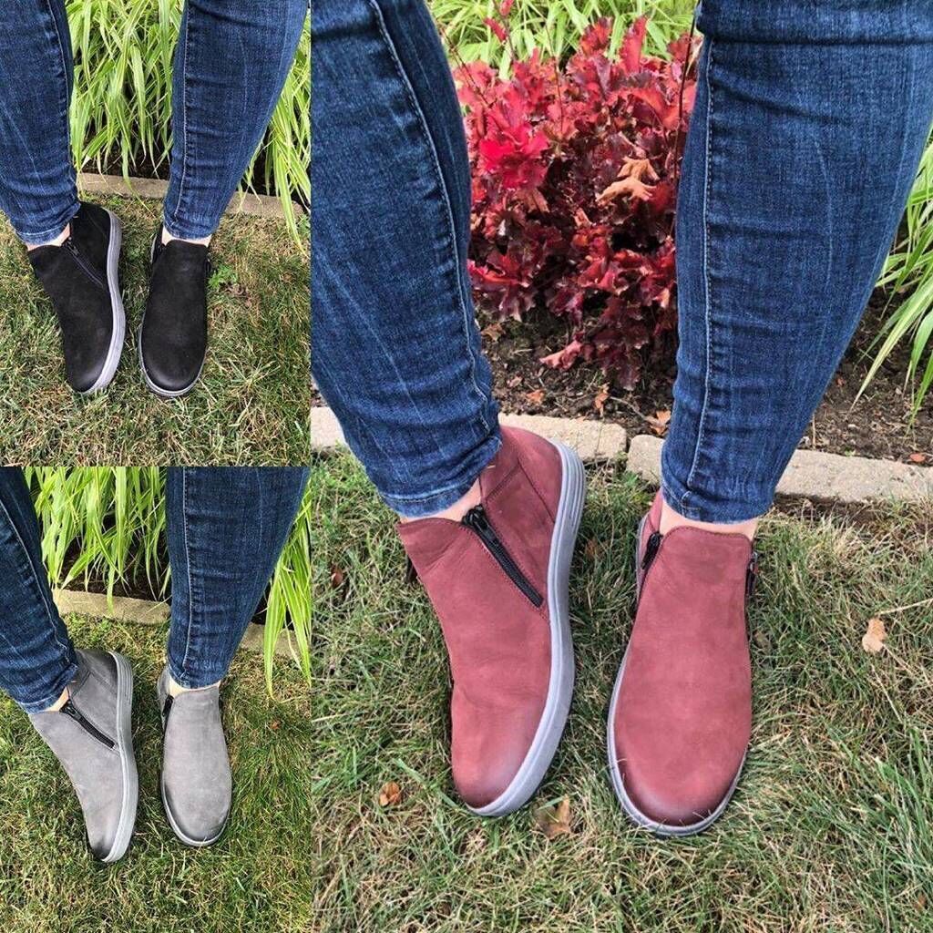 Zapatos De Mujer Retro De Cabeza Redonda Con Fondo Plano Y Doble Cremallera