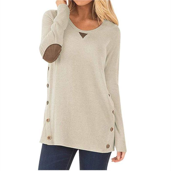 Cuello redondo de manga larga parche de botón decorado camiseta chica - MXbueno