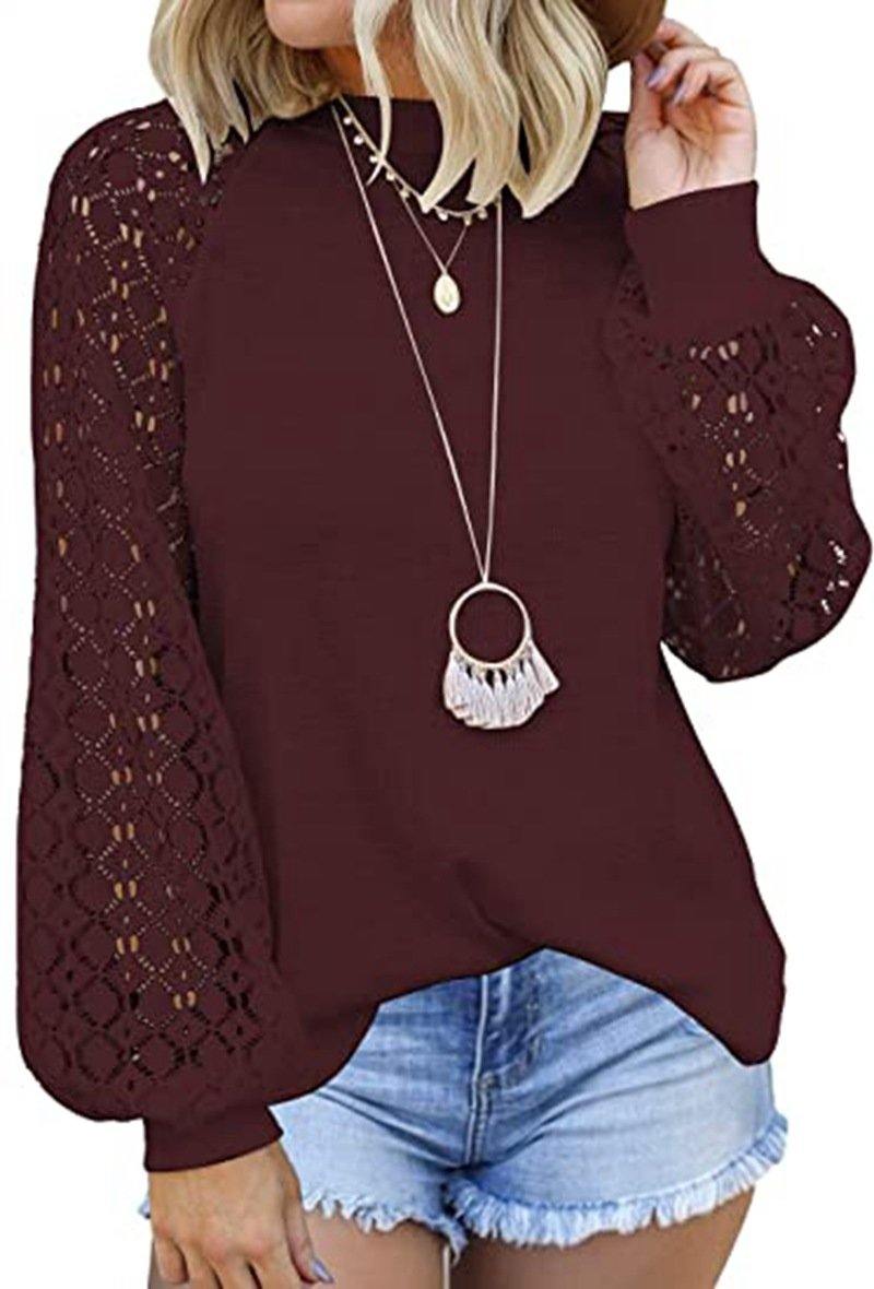 Cuello redondo con encaje de manga larga cosido top suelto - MXbueno