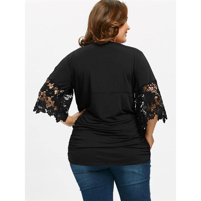 La camiseta para mujeres  V cuello de cintura alta plisado costuras de media manga - MXbueno