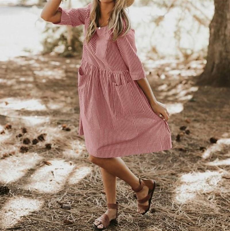 Vestido casual suelto de bolsillo con cuello redondo para mujer - MXbueno