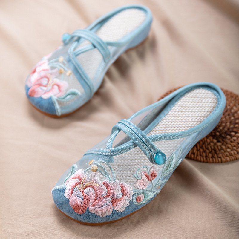 [W-Zapato] Pantuflas Bordadas Con Botón De Rana Y Punta Redonda