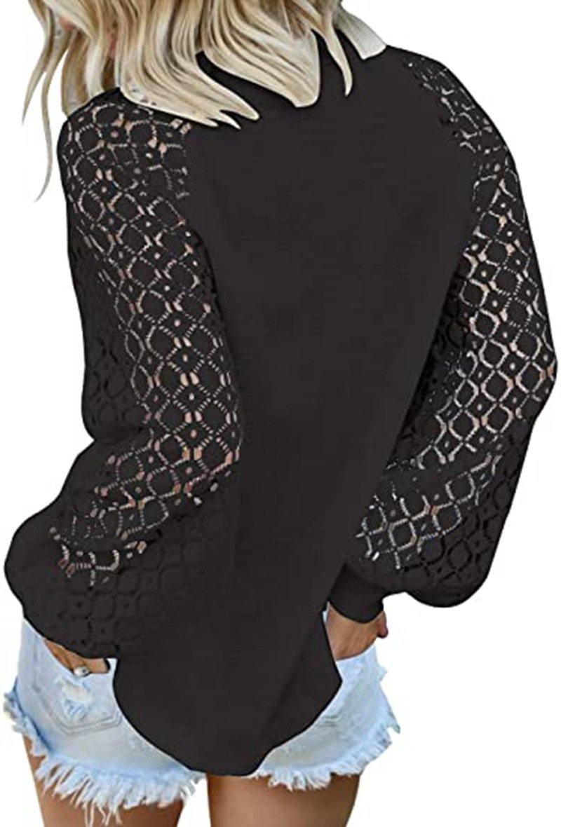 Cuello redondo con encaje de manga larga cosido top suelto - MXbueno