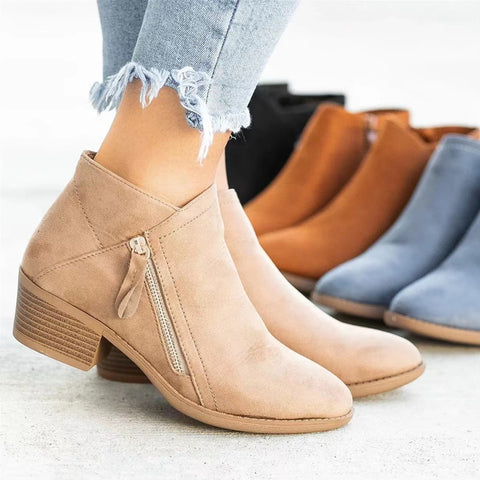 [W-Zapato] Botas De Tobillo Con Cremallera Lateral De Talón Grueso Para Mujeres