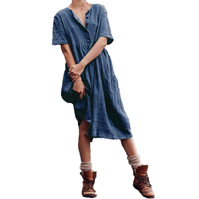 2020 verano europeo nuevo vestido de algodón de manga corta de color sólido para mujer - MXbueno