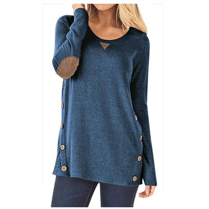 Cuello redondo de manga larga parche de botón decorado camiseta chica - MXbueno