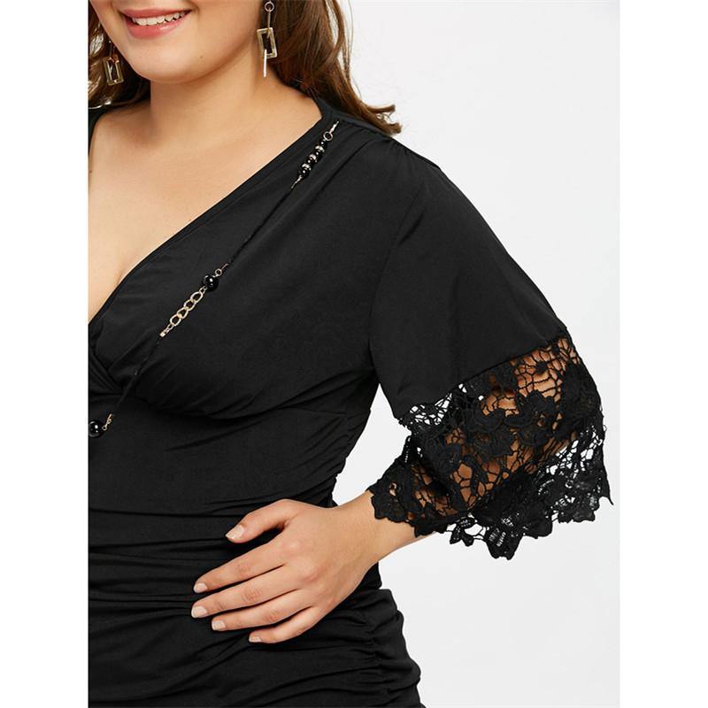 La camiseta para mujeres  V cuello de cintura alta plisado costuras de media manga - MXbueno