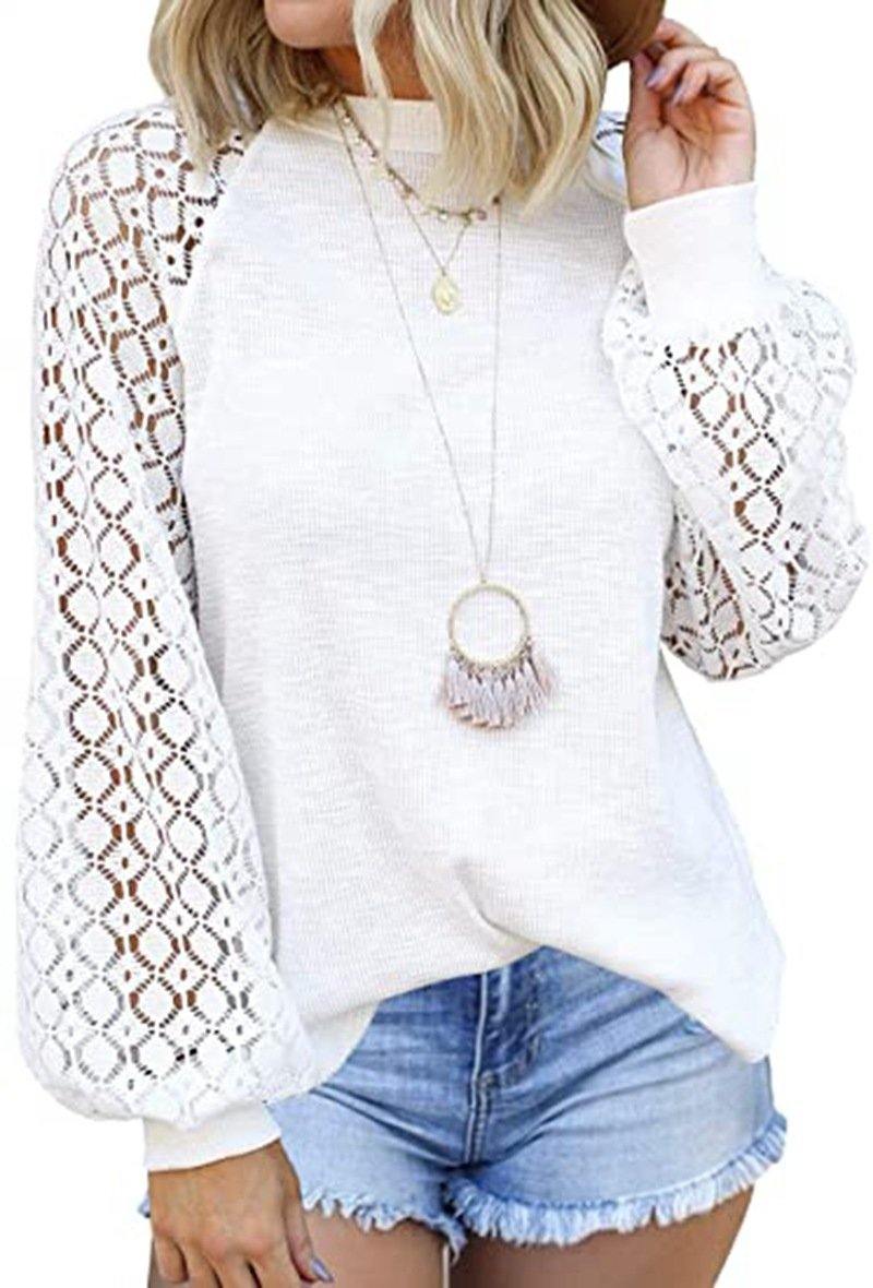 Cuello redondo con encaje de manga larga cosido top suelto - MXbueno