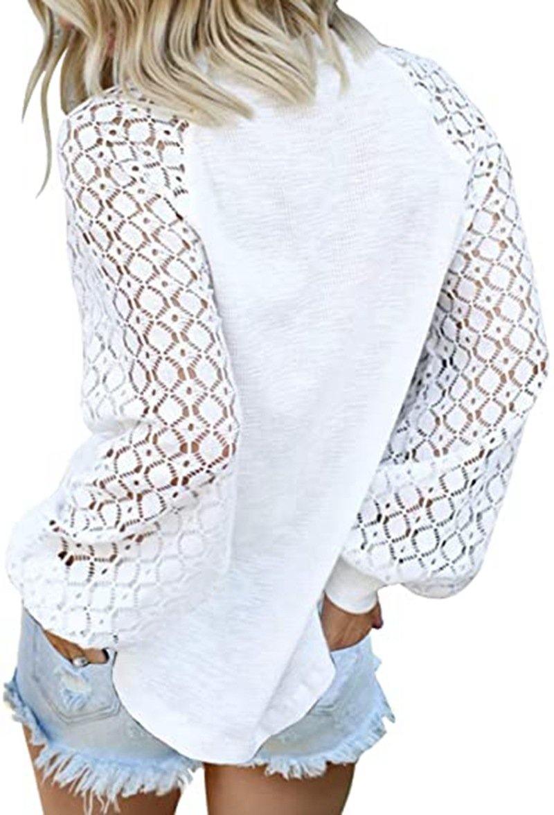 Cuello redondo con encaje de manga larga cosido top suelto - MXbueno