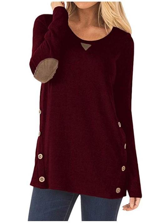 Cuello redondo de manga larga parche de botón decorado camiseta chica - MXbueno