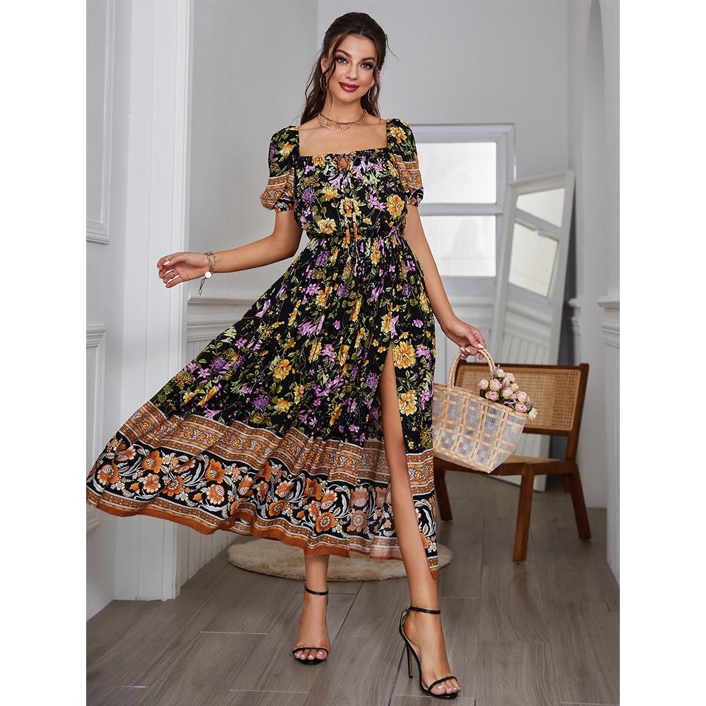 [W-Ropa] Nuevo Vestido De Cuello Cuadrado Francés Vestido Fino Estampado De Mujer