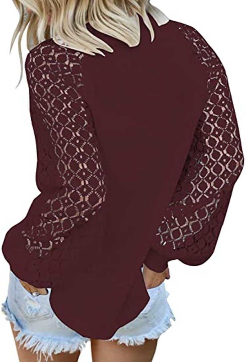 Cuello redondo con encaje de manga larga cosido top suelto - MXbueno