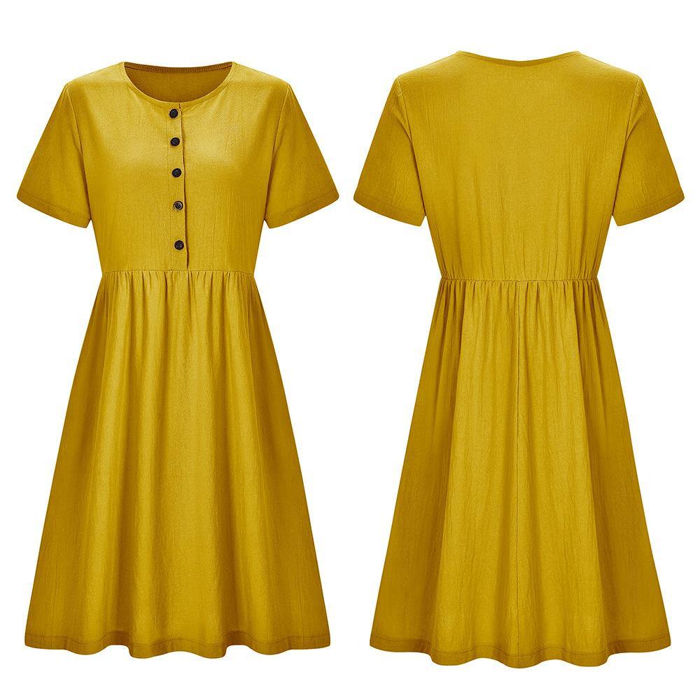 2020 verano europeo nuevo vestido de algodón de manga corta de color sólido para mujer - MXbueno