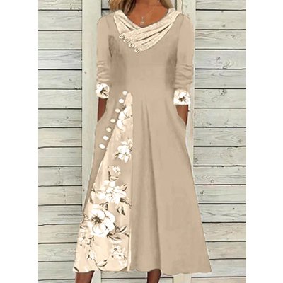 [W-Ropa] Vestido A Media Manga Con Paneles Y Cuello En V Estampado