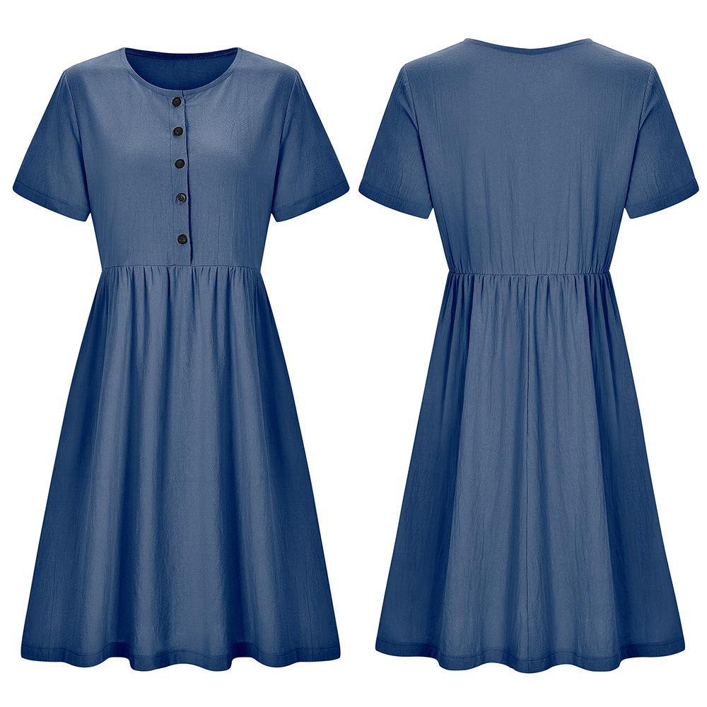 2020 verano europeo nuevo vestido de algodón de manga corta de color sólido para mujer - MXbueno