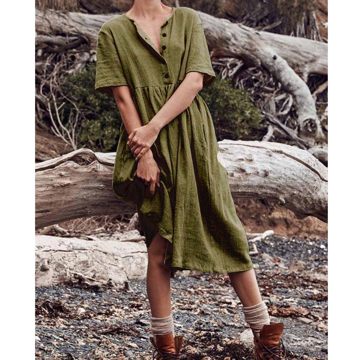 2020 verano europeo nuevo vestido de algodón de manga corta de color sólido para mujer - MXbueno