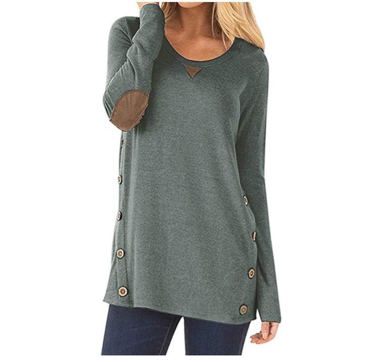 Cuello redondo de manga larga parche de botón decorado camiseta chica - MXbueno