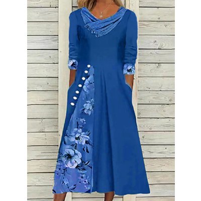 [W-Ropa] Vestido A Media Manga Con Paneles Y Cuello En V Estampado