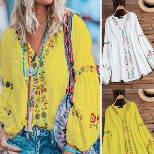 Camisa de estilo nacional con cuello en V, manga larga, top suelto de otoño. - MXbueno