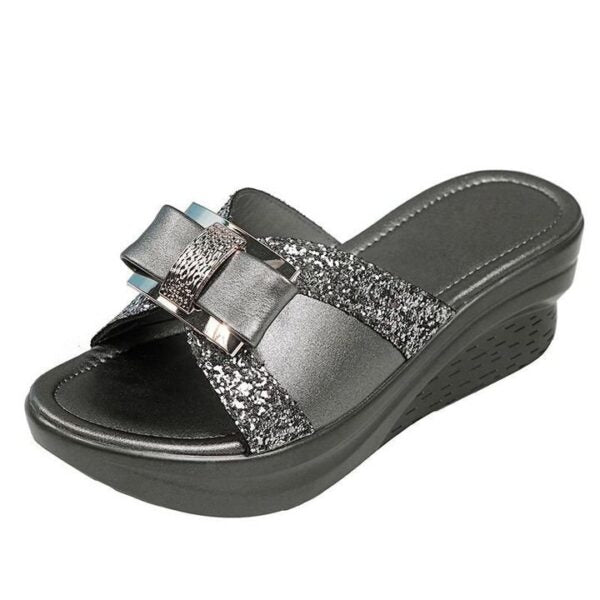 Nuevas Sandalias De Plataforma De Cuña De PU Con Lazo Y Lentejuelas Brillantes De Verano Para Mujer
