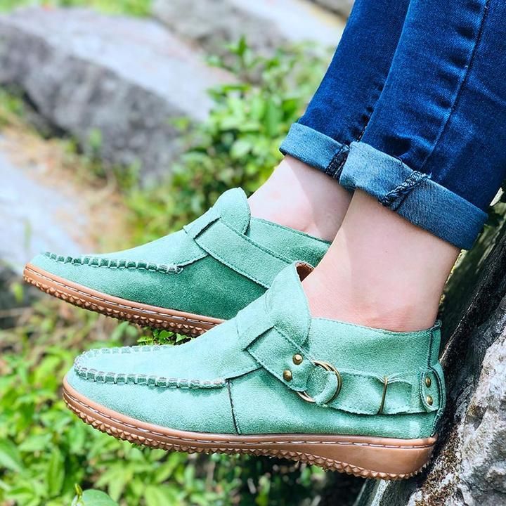 Mujer Botines Vintage Costura Remaches Metal Hebilla Mujer Leopardo Mujer Retro Casual Suave Flock Mujer Talla Plus Zapatos Planos