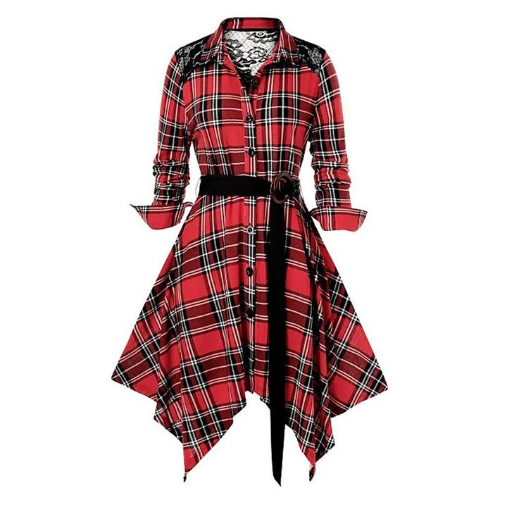 [l-5xl] Elegante Vestido De Cuadros Con Encaje En La Espalda Vestido Con CinturÓn BotÓn Abajo Bajo Irregular Solapa Vestido De Fiesta De Invierno