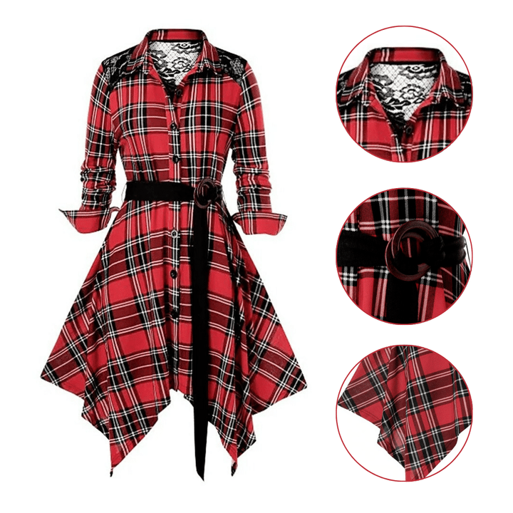 [l-5xl] Elegante Vestido De Cuadros Con Encaje En La Espalda Vestido Con CinturÓn BotÓn Abajo Bajo Irregular Solapa Vestido De Fiesta De Invierno