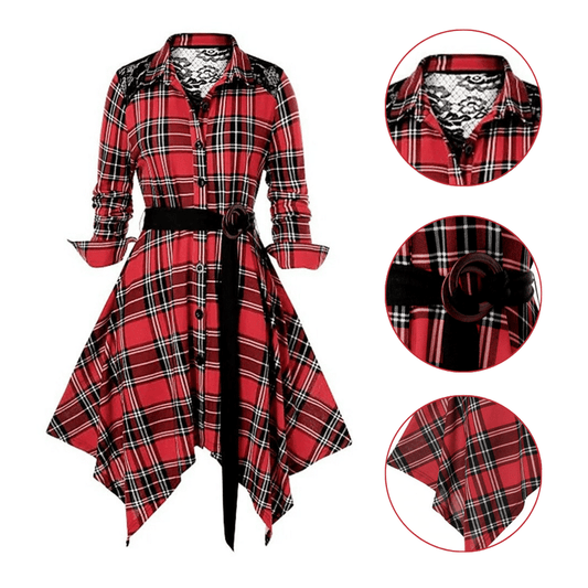 [l-5xl] Elegante Vestido De Cuadros Con Encaje En La Espalda Vestido Con CinturÓn BotÓn Abajo Bajo Irregular Solapa Vestido De Fiesta De Invierno