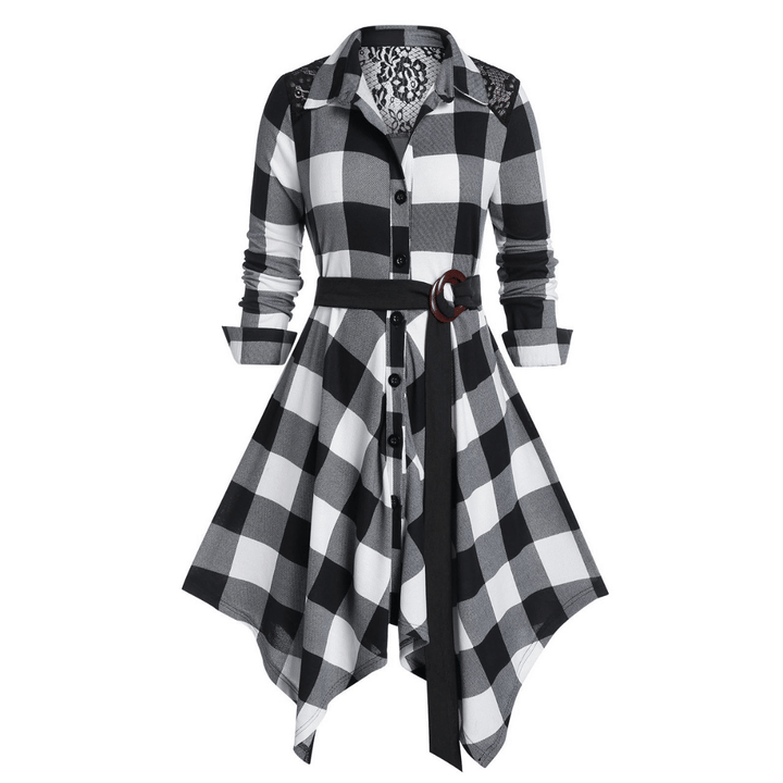 [l-5xl] Elegante Vestido De Cuadros Con Encaje En La Espalda Vestido Con CinturÓn BotÓn Abajo Bajo Irregular Solapa Vestido De Fiesta De Invierno