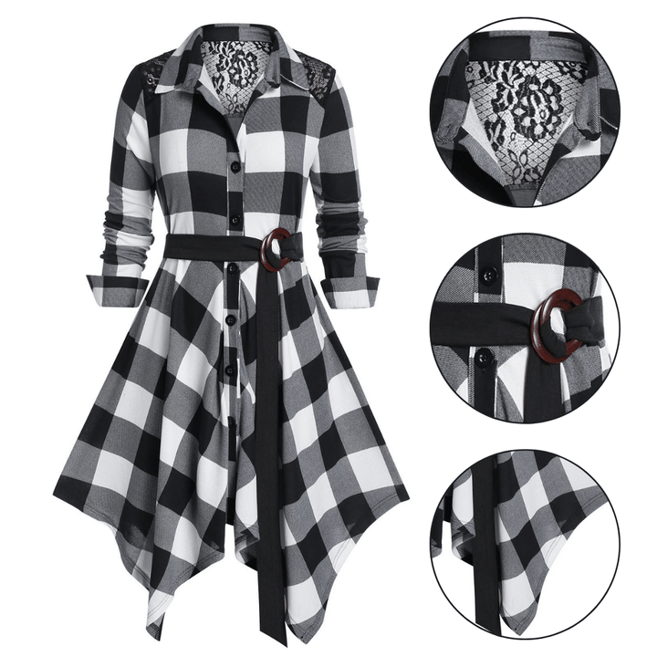 [l-5xl] Elegante Vestido De Cuadros Con Encaje En La Espalda Vestido Con CinturÓn BotÓn Abajo Bajo Irregular Solapa Vestido De Fiesta De Invierno