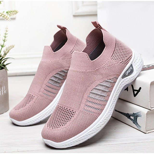 Zapatos Para Caminar Casuales Transpirables De Tacón Plano Vulcanizado De Punto Sin Cordones Para Mujer