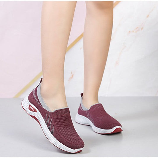 Zapatos Para Caminar Casuales Transpirables De Tacón Plano Vulcanizado De Punto Sin Cordones Para Mujer