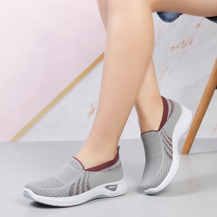 Zapatos Para Caminar Casuales Transpirables De Tacón Plano Vulcanizado De Punto Sin Cordones Para Mujer