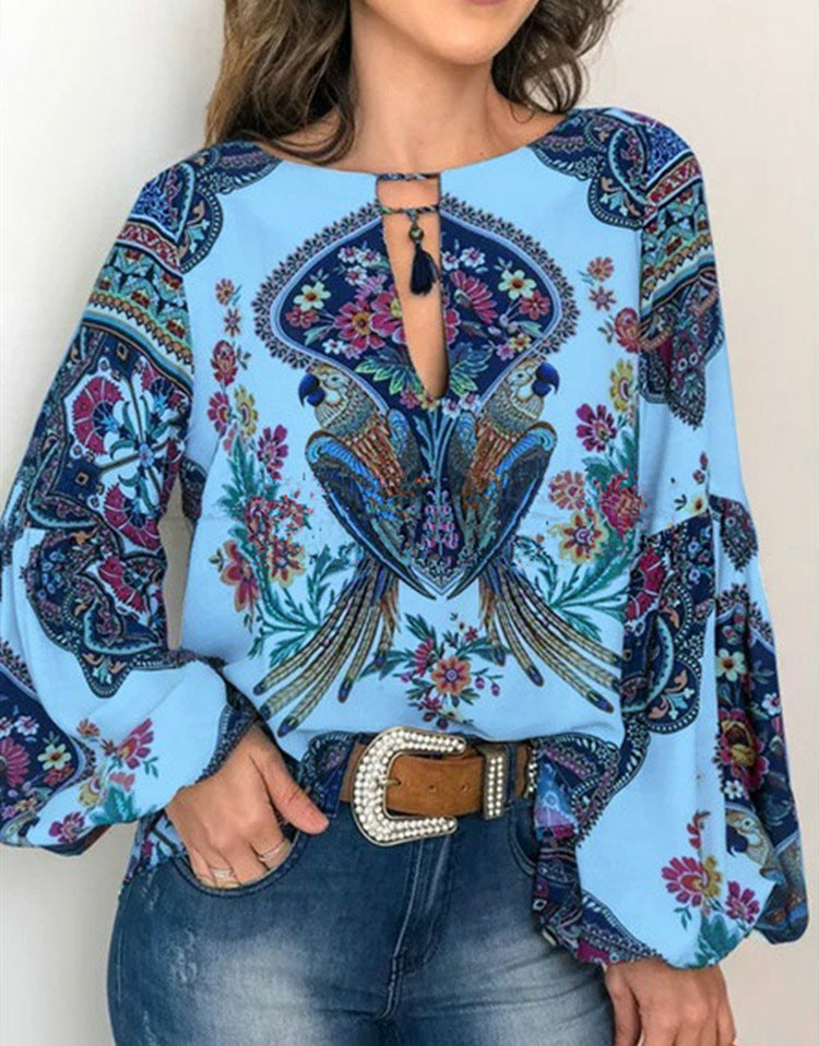 Camisa De Manga De Linterna De Cuello Redondo Para Mujeres Con Personalidad