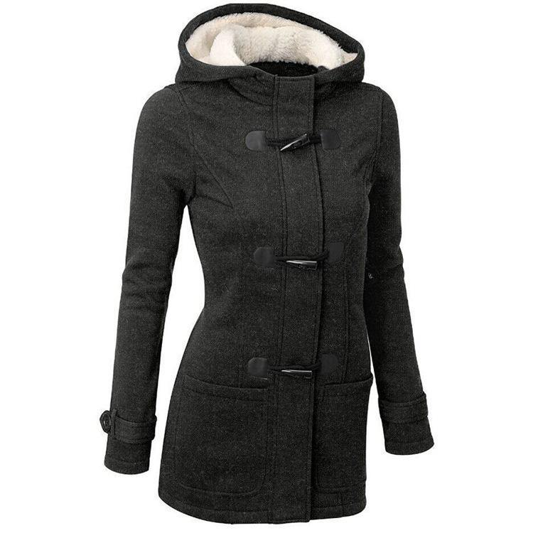 ¡GRAN OFERTA DE SÓLO ESTA SEMANA!Chaqueta de manga larga con capucha de bolsillo con hebilla de cuerno para mujer - MXbueno