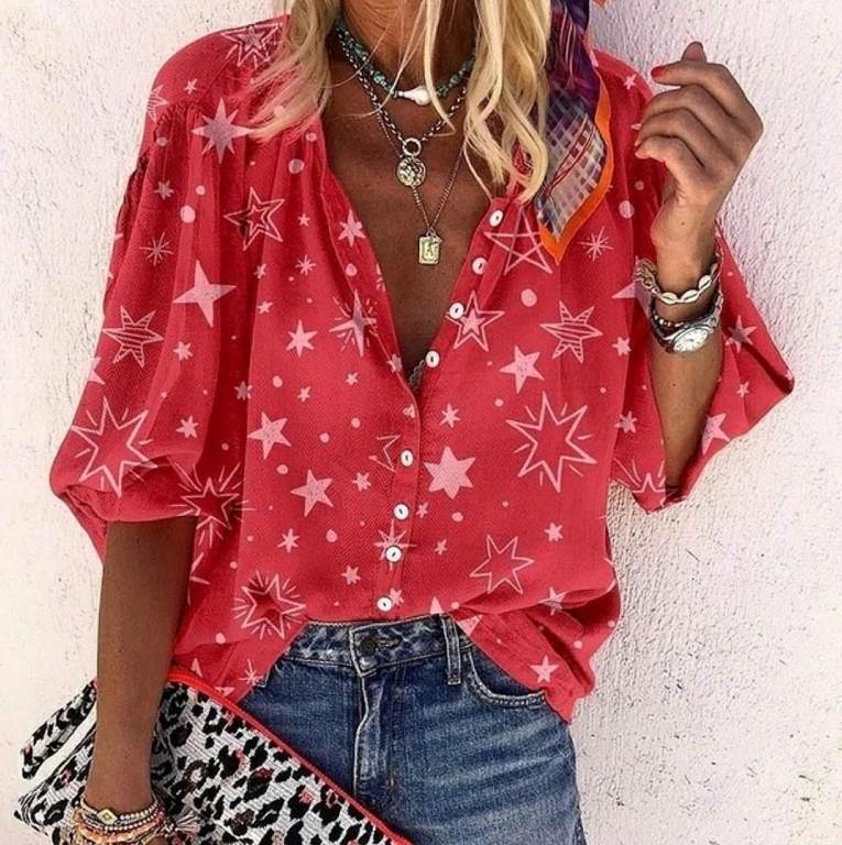 Impreso abotonado camisa de cuello para mujer - MXbueno