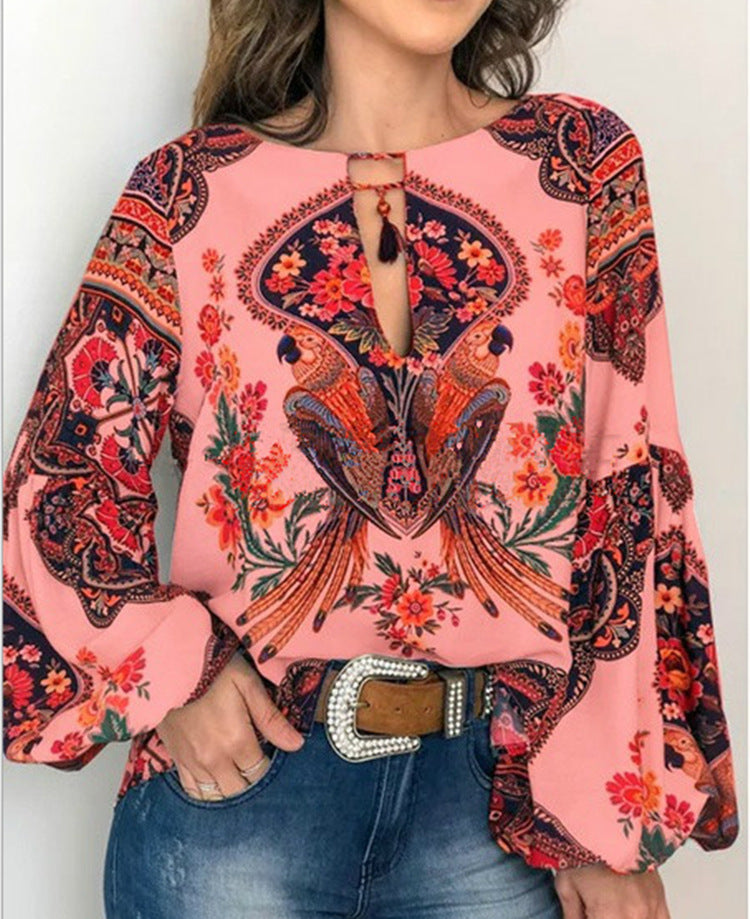 Camisa De Manga De Linterna De Cuello Redondo Para Mujeres Con Personalidad