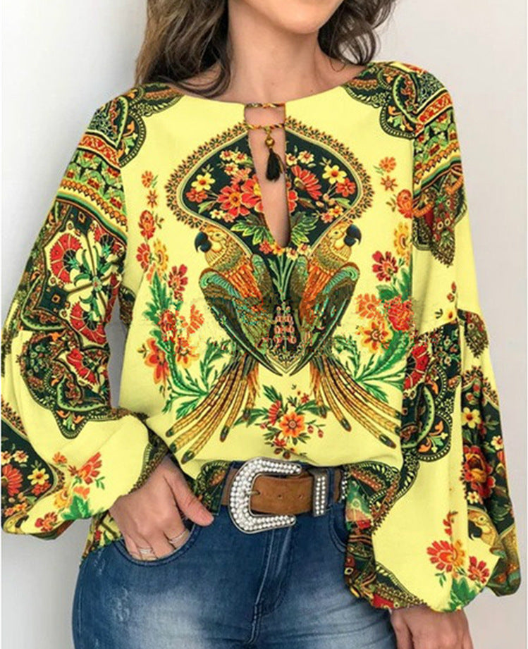 Camisa De Manga De Linterna De Cuello Redondo Para Mujeres Con Personalidad