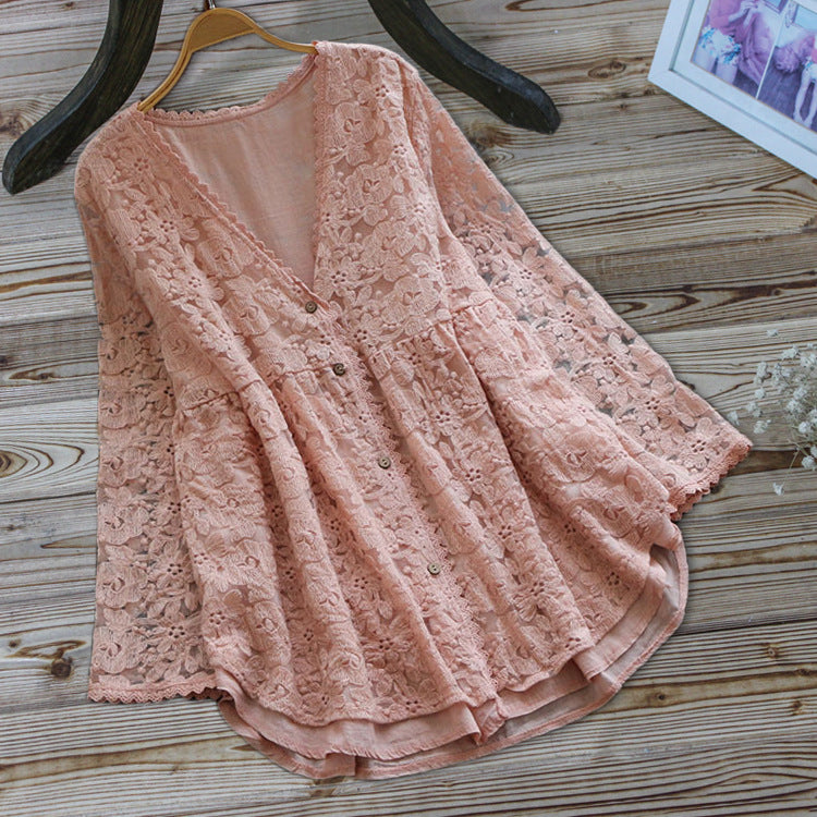 [W-Ropa] Camisa De Encaje De Talla Grande Camisa Hueca De Ganchillo Camisa Suelta