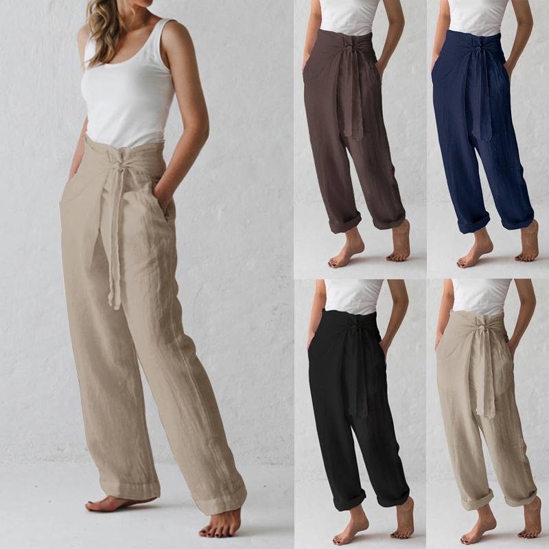 Primavera Y Otoño Pantalones Casuales De Algodón Y Lino De Color Sólido Con Hebilla De Cintura Alta Para Mujer