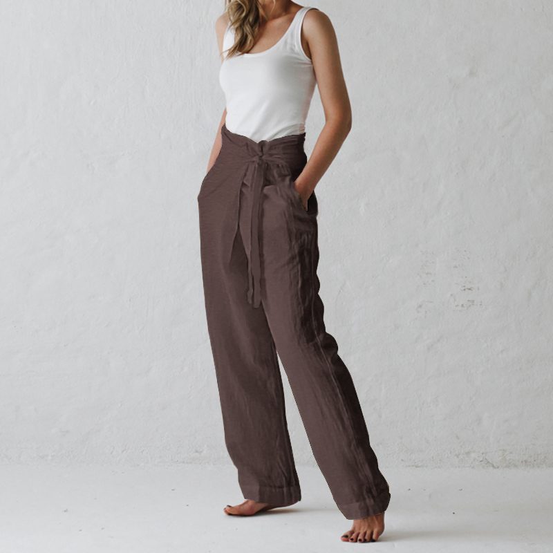 Primavera Y Otoño Pantalones Casuales De Algodón Y Lino De Color Sólido Con Hebilla De Cintura Alta Para Mujer
