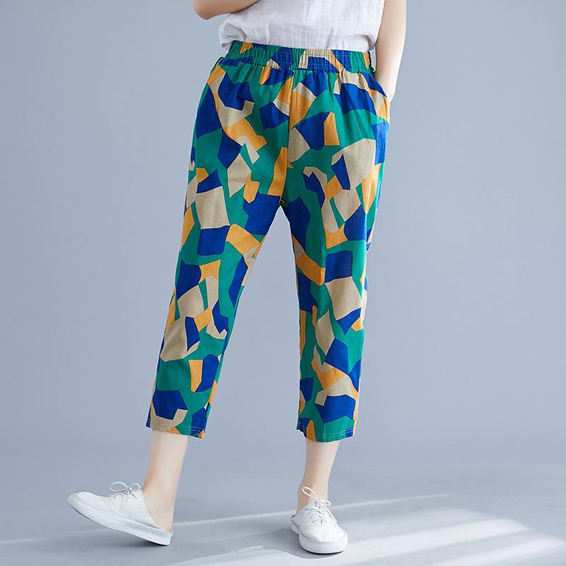 Pantalones de mujer de algodón lavado y lino estampado