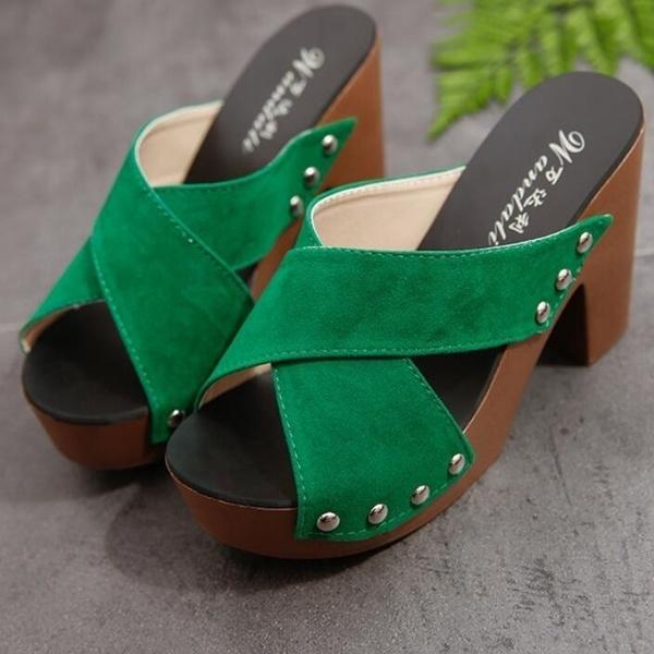 Tacones altos de cuña gruesa Correas ásperas con sandalias de gamuza