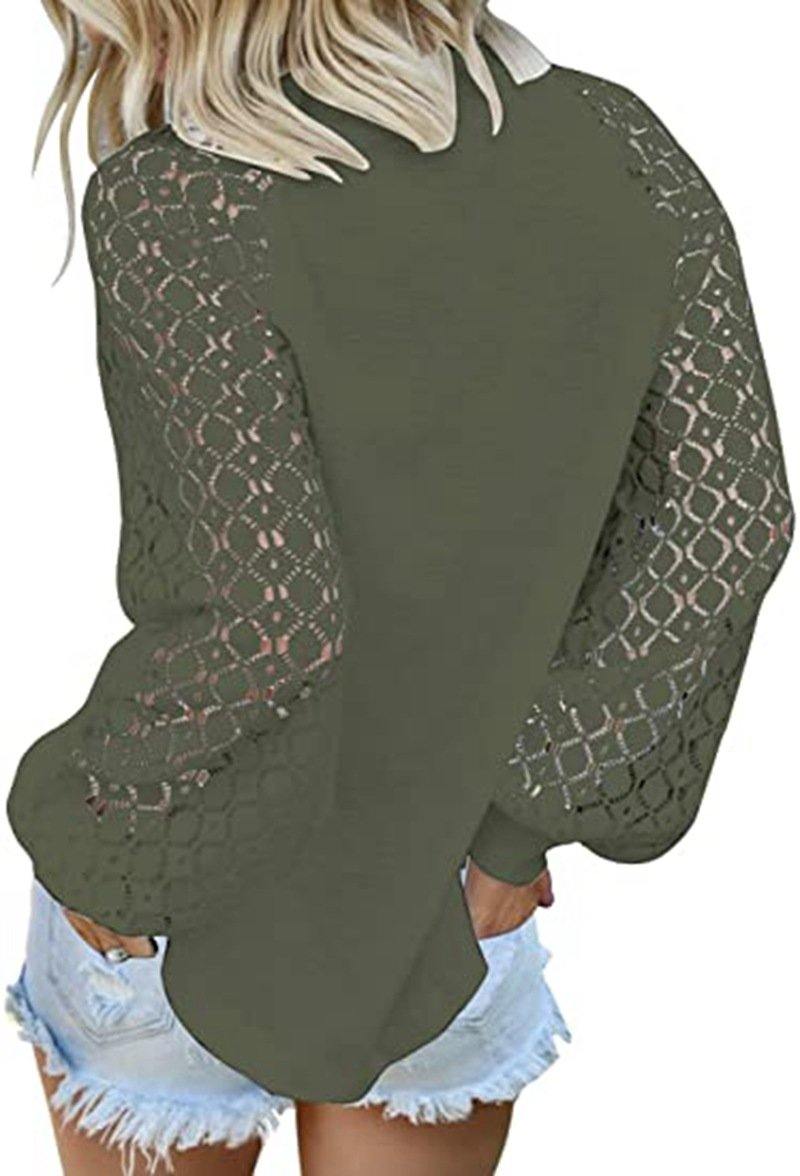 Cuello redondo con encaje de manga larga cosido top suelto - MXbueno