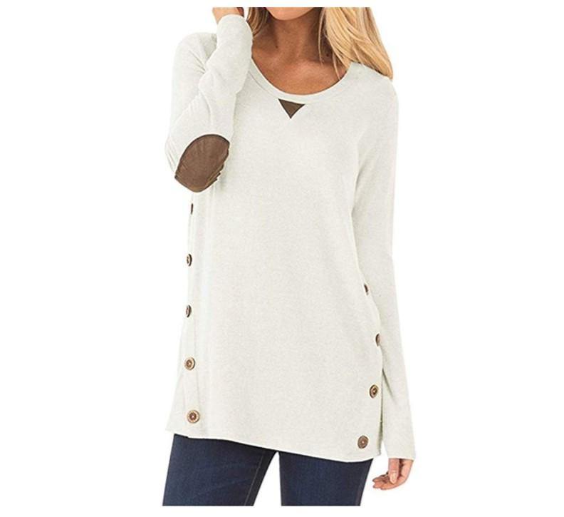 Cuello redondo de manga larga parche de botón decorado camiseta chica - MXbueno