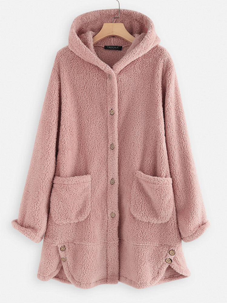 Venta Caliente En Europa Y América Chaqueta De Felpa Abotonada De Invierno Chaqueta Con Capucha De Color Sólido Irregular