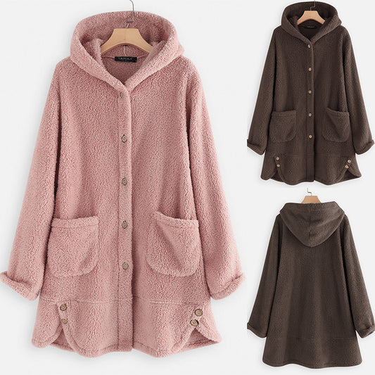 Venta Caliente En Europa Y América Chaqueta De Felpa Abotonada De Invierno Chaqueta Con Capucha De Color Sólido Irregular
